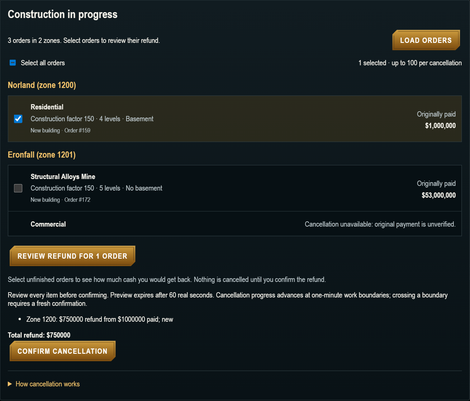 Figure 4. Orders are grouped by zone. Select an order, review its refund, then confirm cancellation.