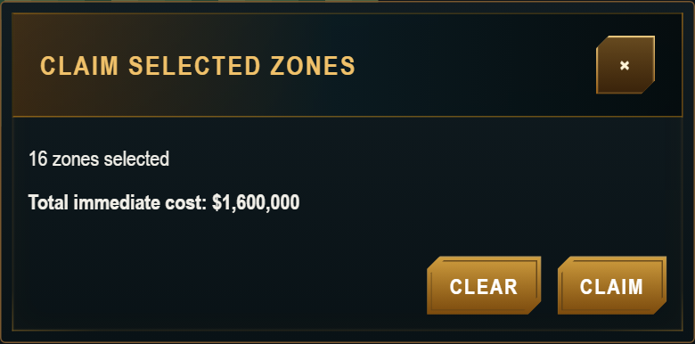 Claim selected zones popup with the example selection count and total cost.