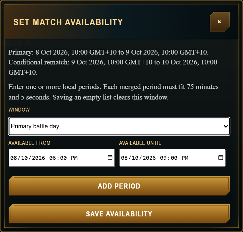 Example availability editor. Enter local times; Add Period lets you offer more than one option.
