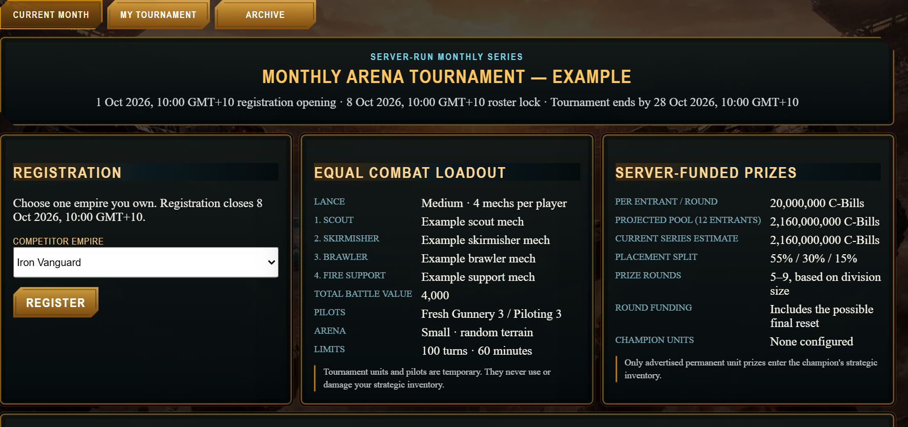 Real tournament interface with example dates, names, loadout and amounts. These are not a published event or promised prizes.