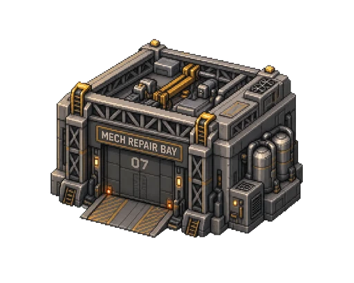 A steel industrial Repair Bay building with amber trim and a large service entrance.